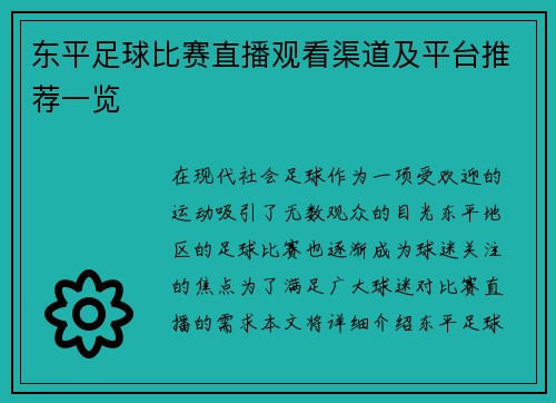 东平足球比赛直播观看渠道及平台推荐一览